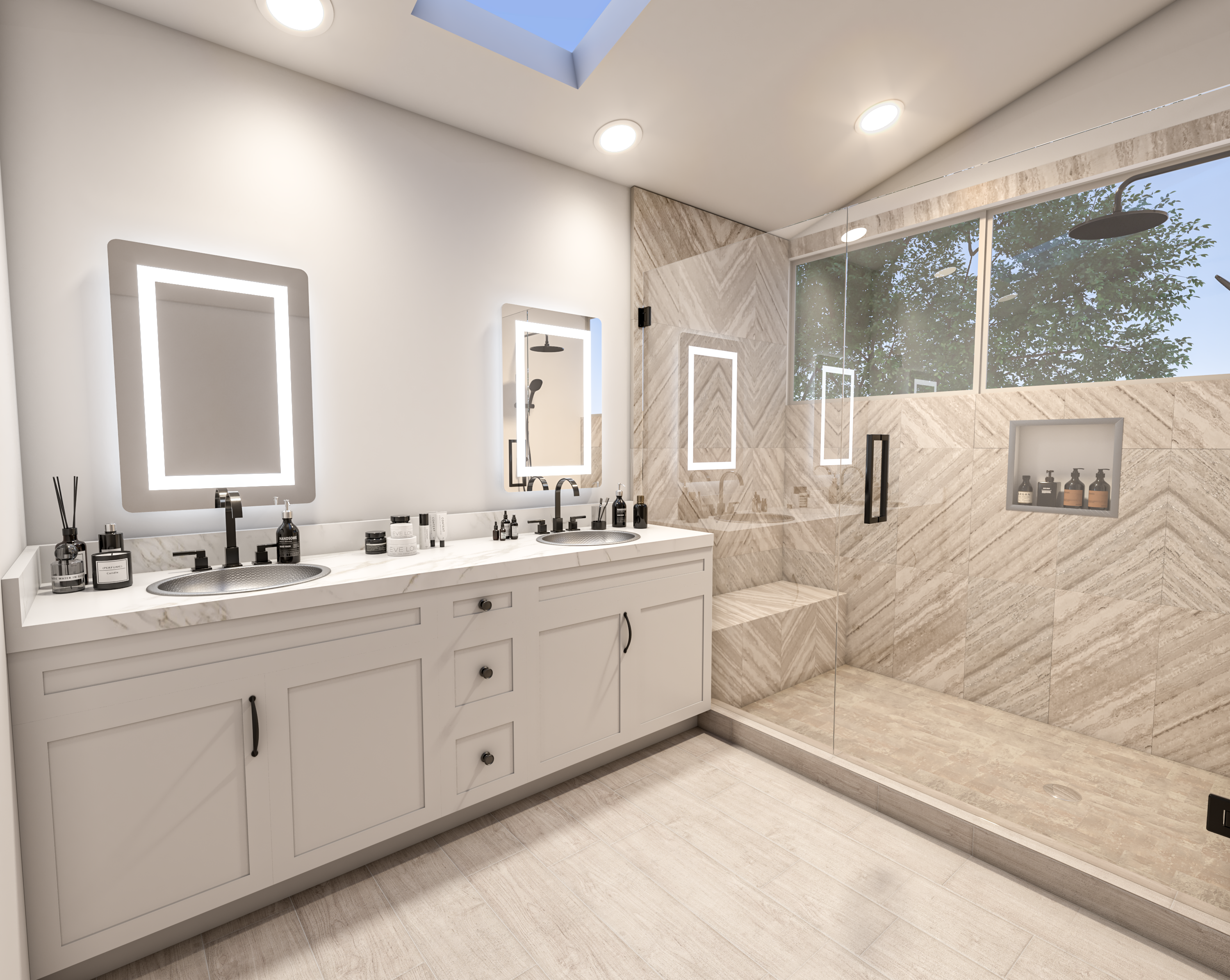 Finished rendering of the double vanity and tiled walk-in shower