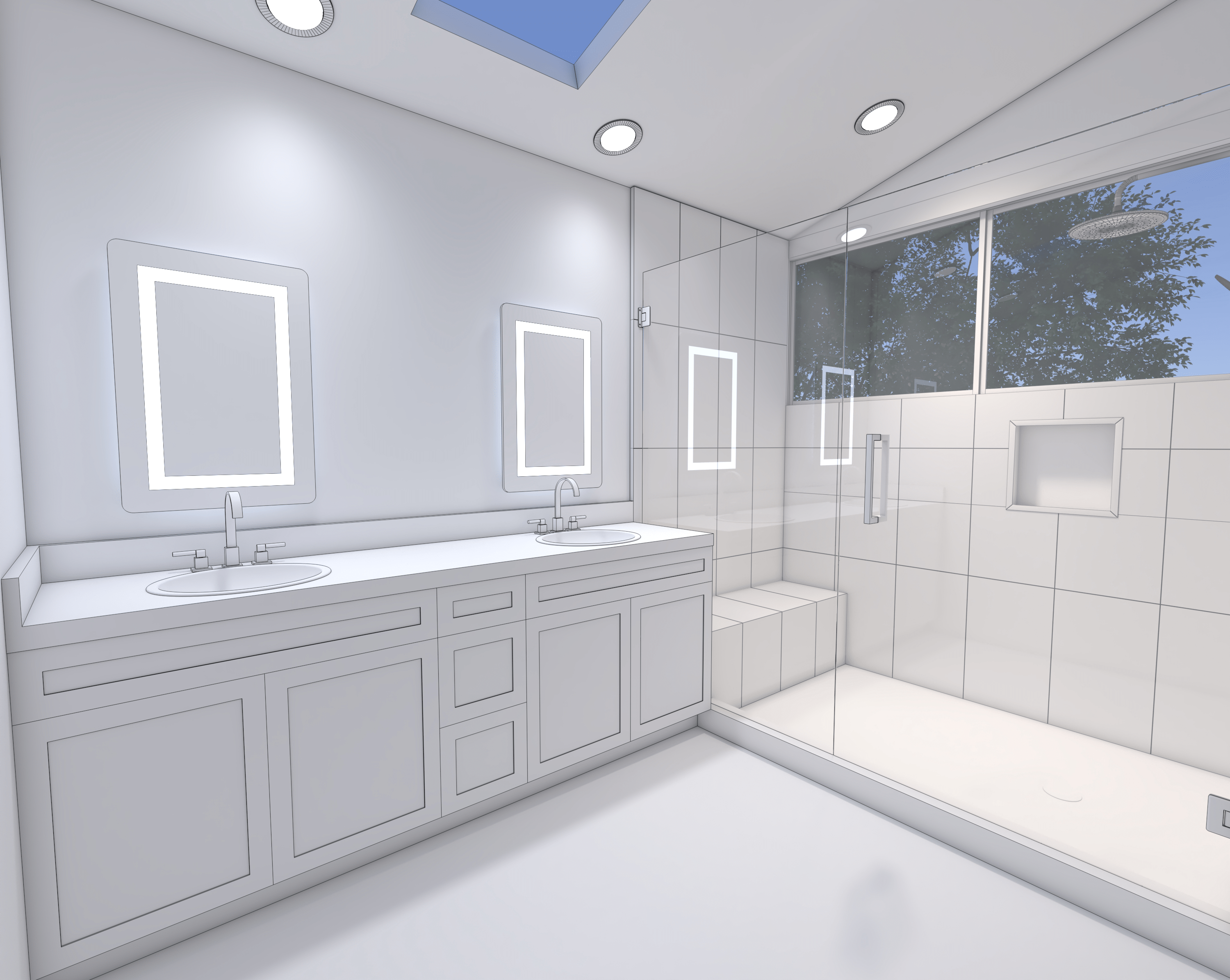 Grayscale rendering of the double vanity and glass walk-in shower