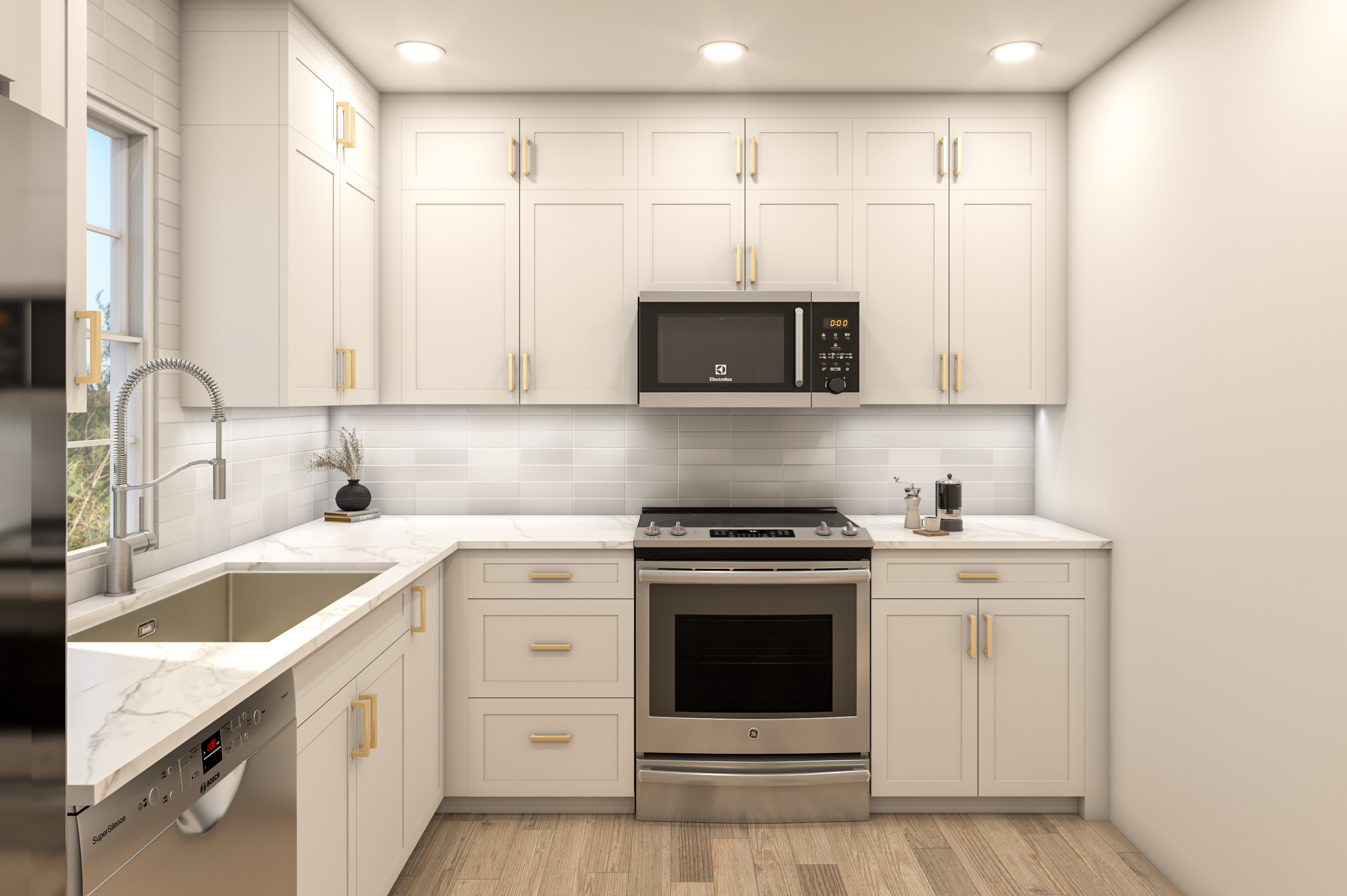 Rendering of the kitchen sink, range, and upper storage