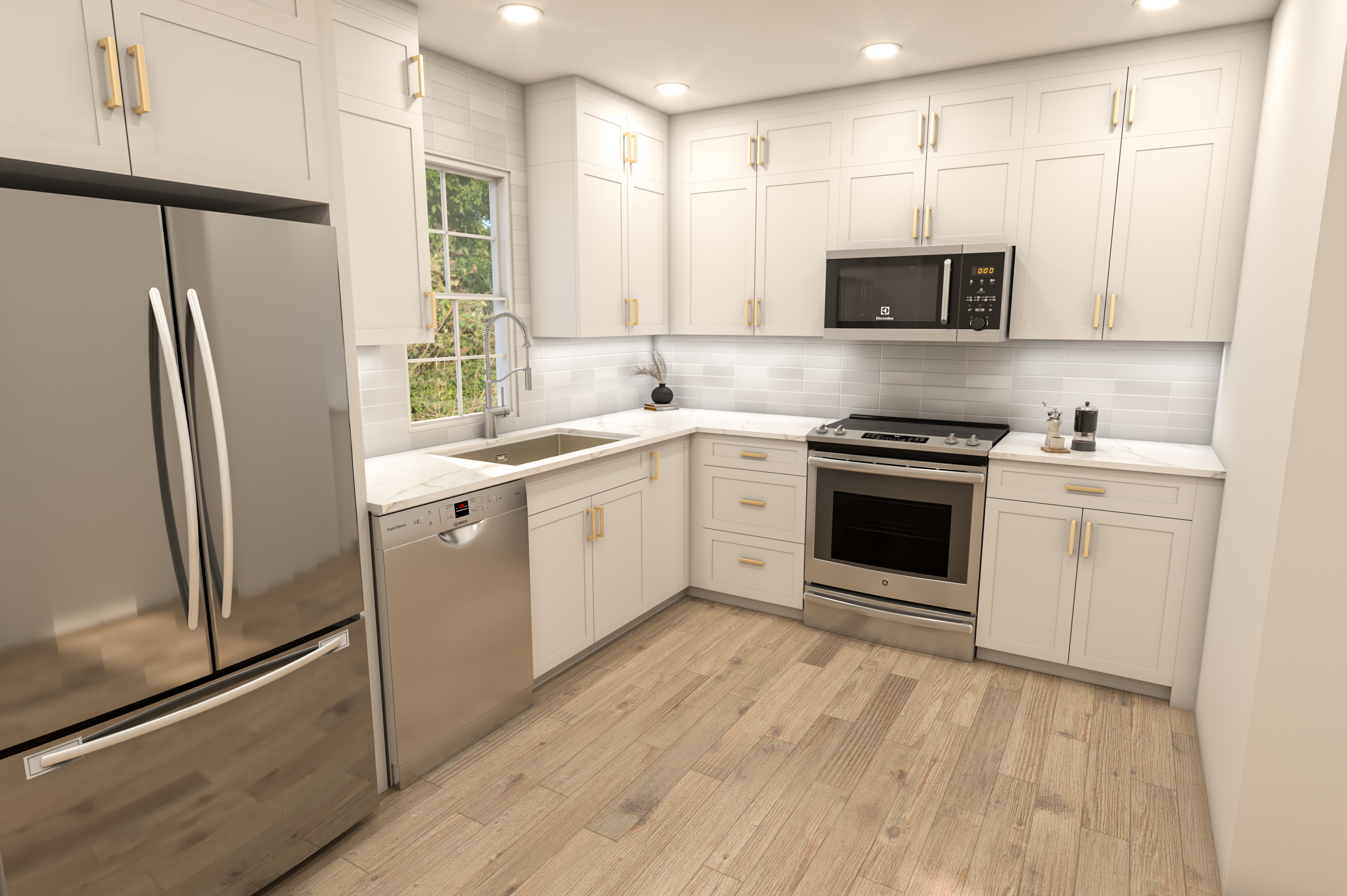 Finished rendering of white cabinets, stainless appliances, and wood-look flooring