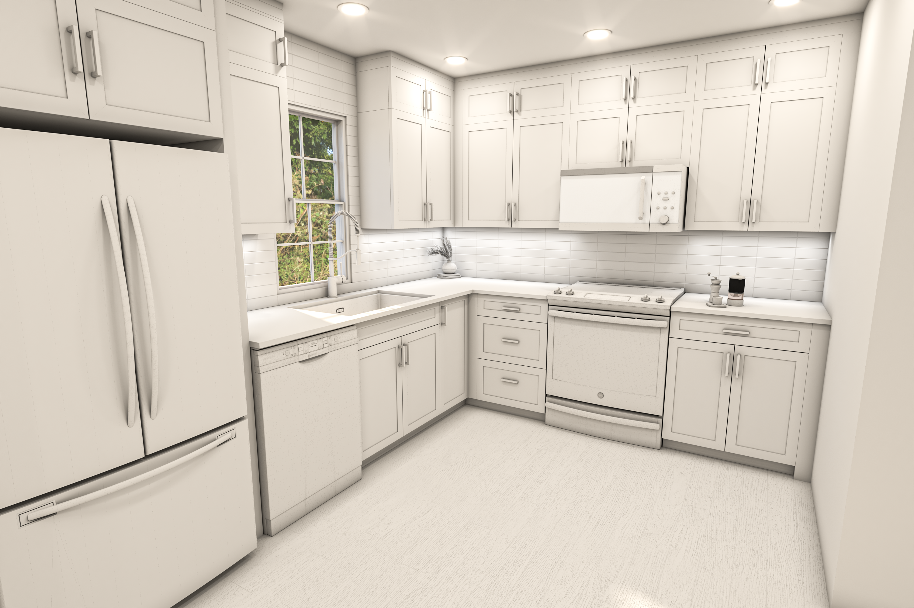 Angled rendering of the refrigerator, sink, and range