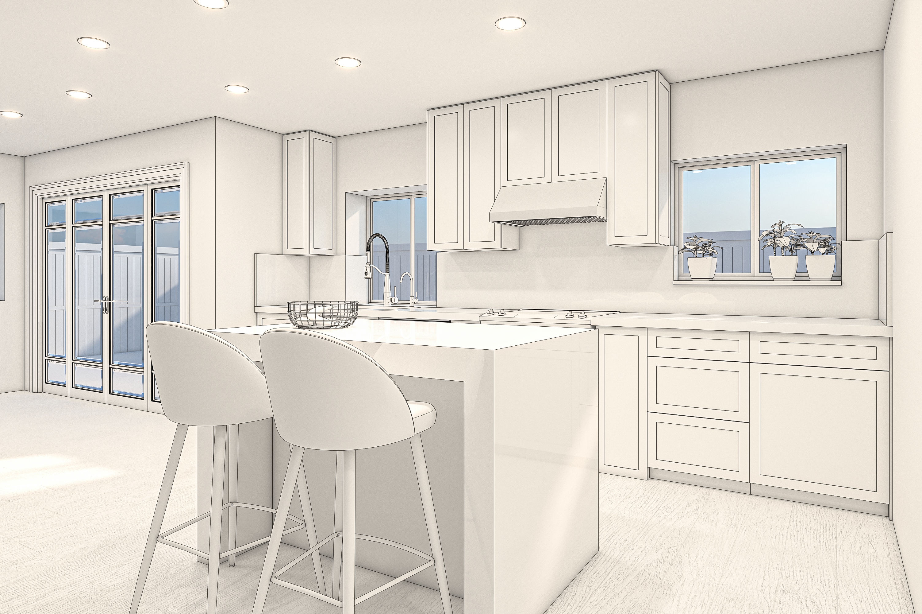 Preliminary rendering of island seating and the range wall