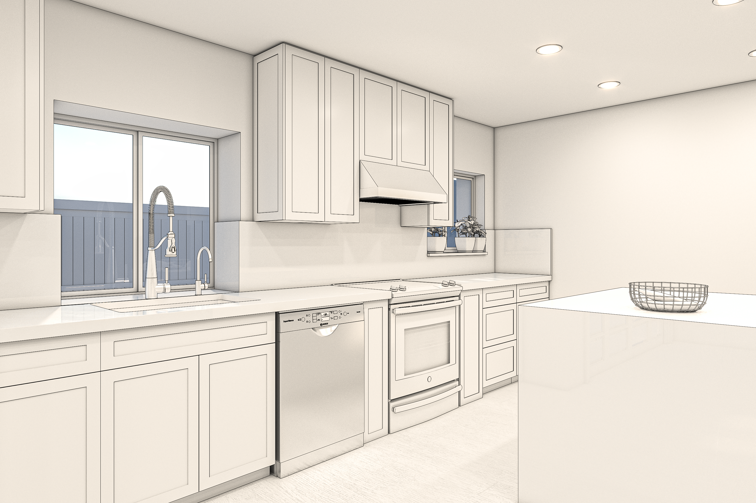 Preliminary rendering of the sink, dishwasher, and range