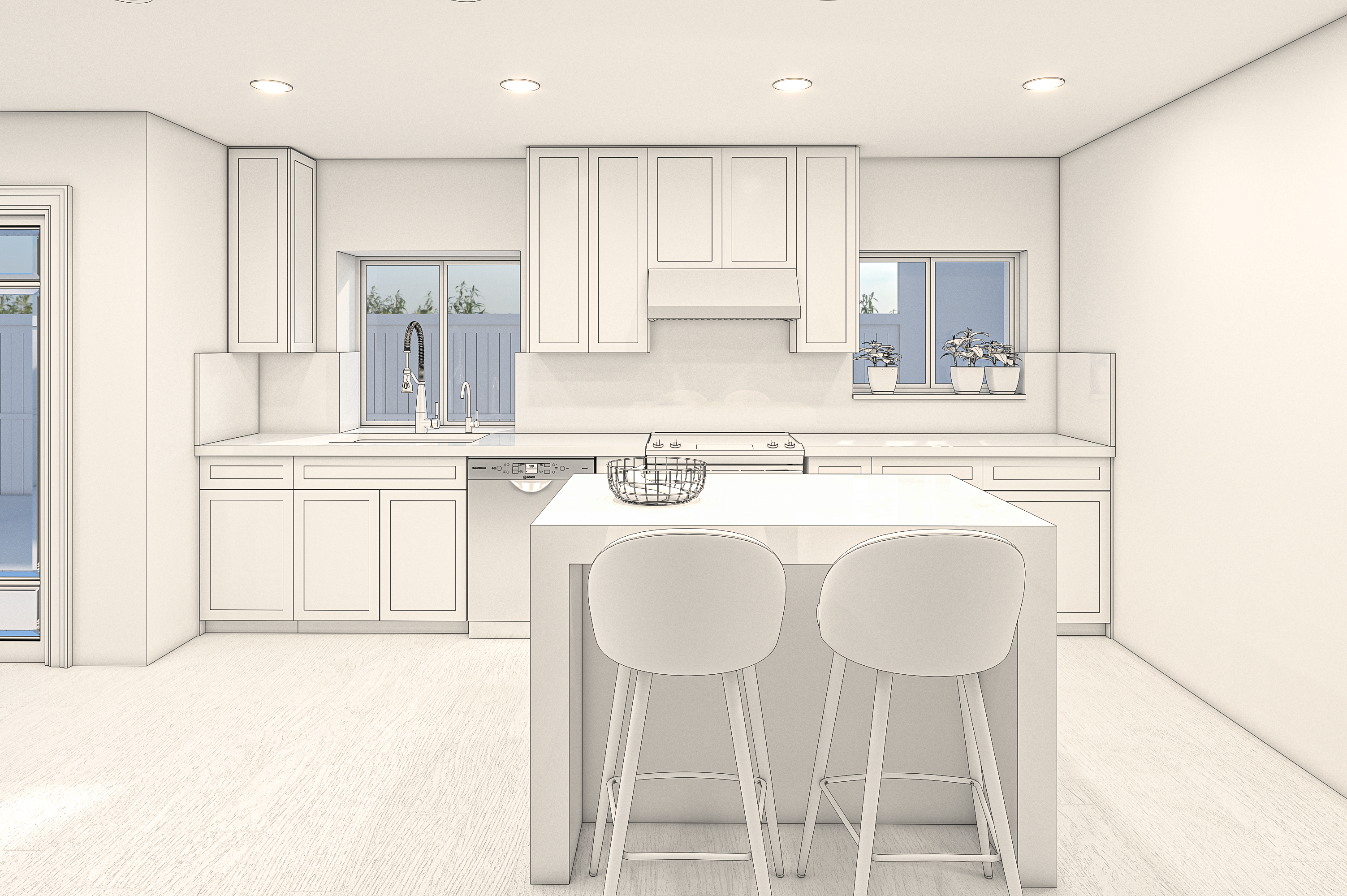 Front-view preliminary rendering of the island and cabinetry