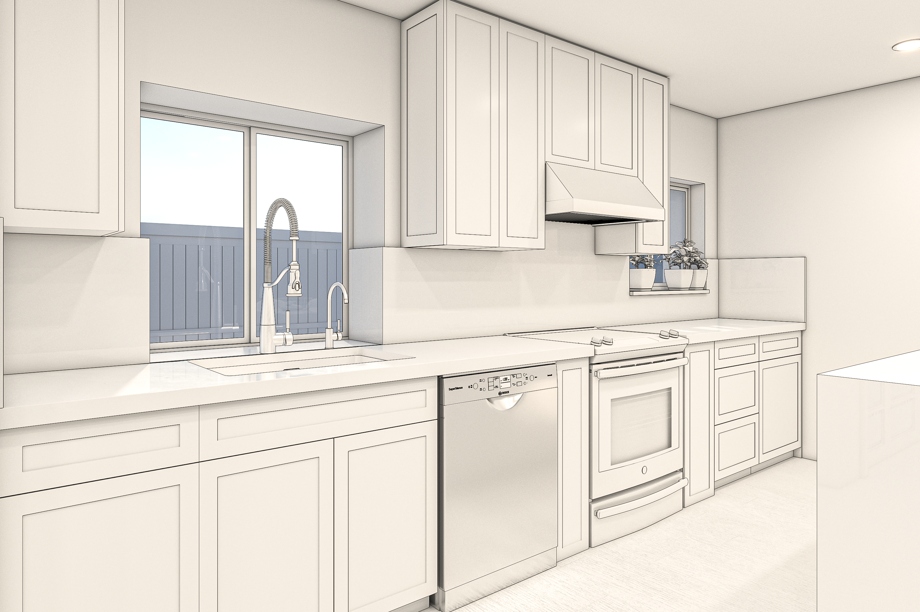 Angled preliminary rendering of the sink and range wall