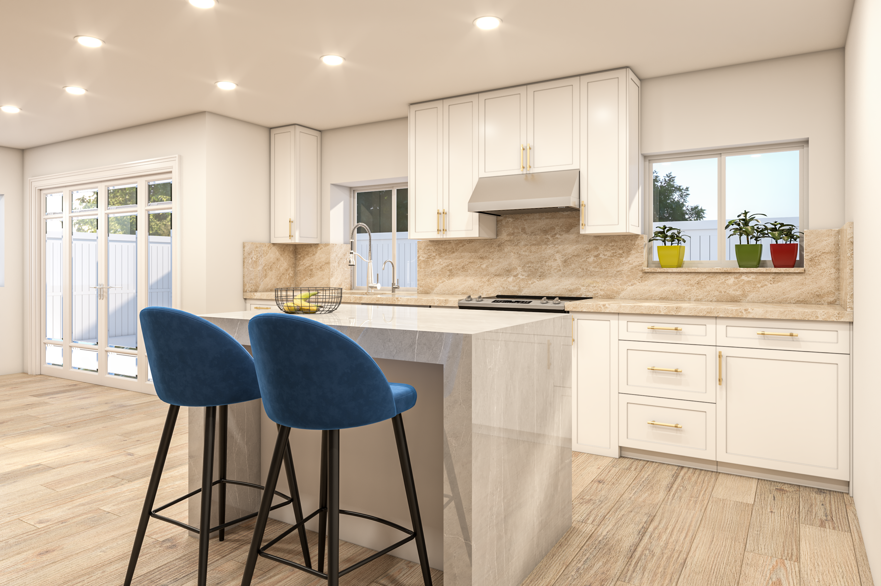 Finished rendering of the white kitchen with a waterfall island and blue stools