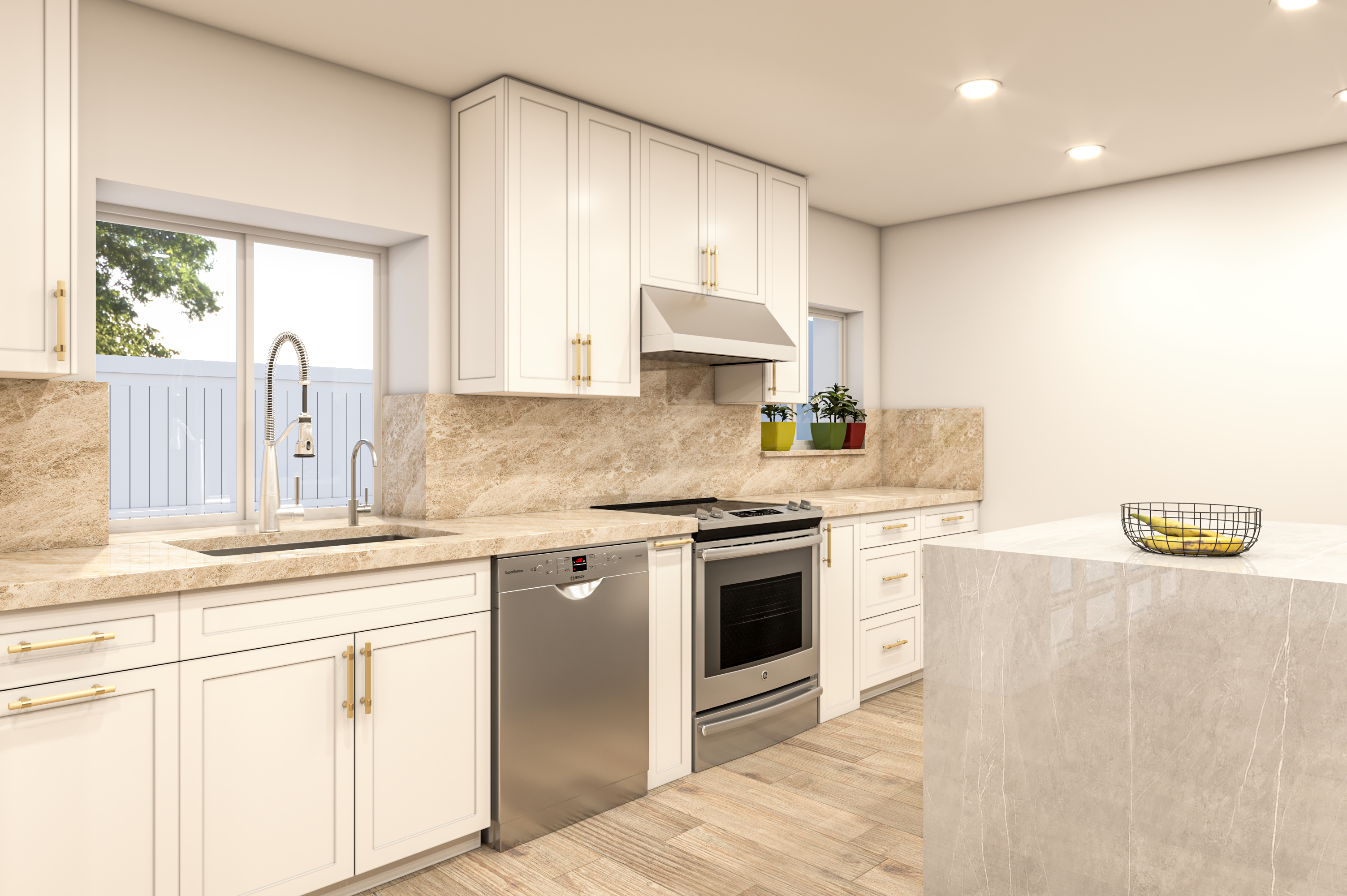 Finished rendering of the sink and range wall beside the island