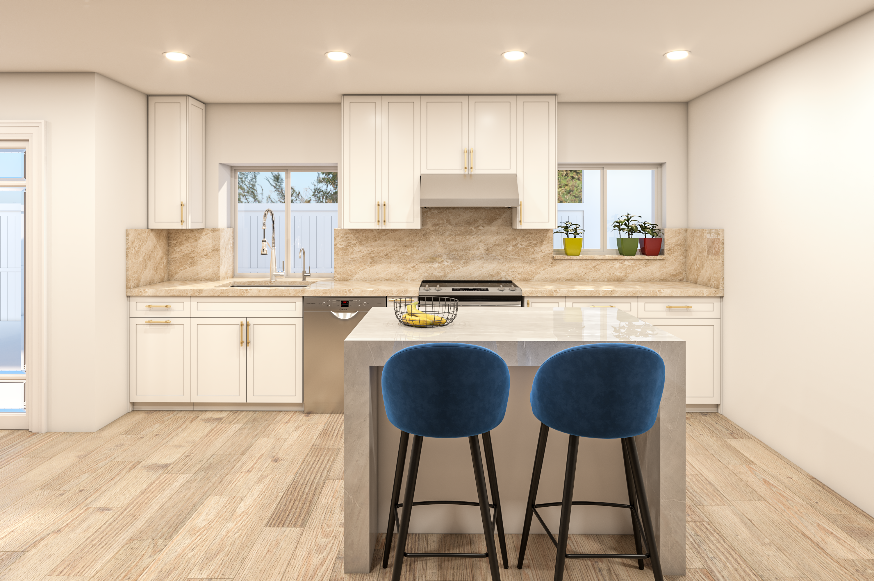 Front-view rendering of the island and white cabinetry