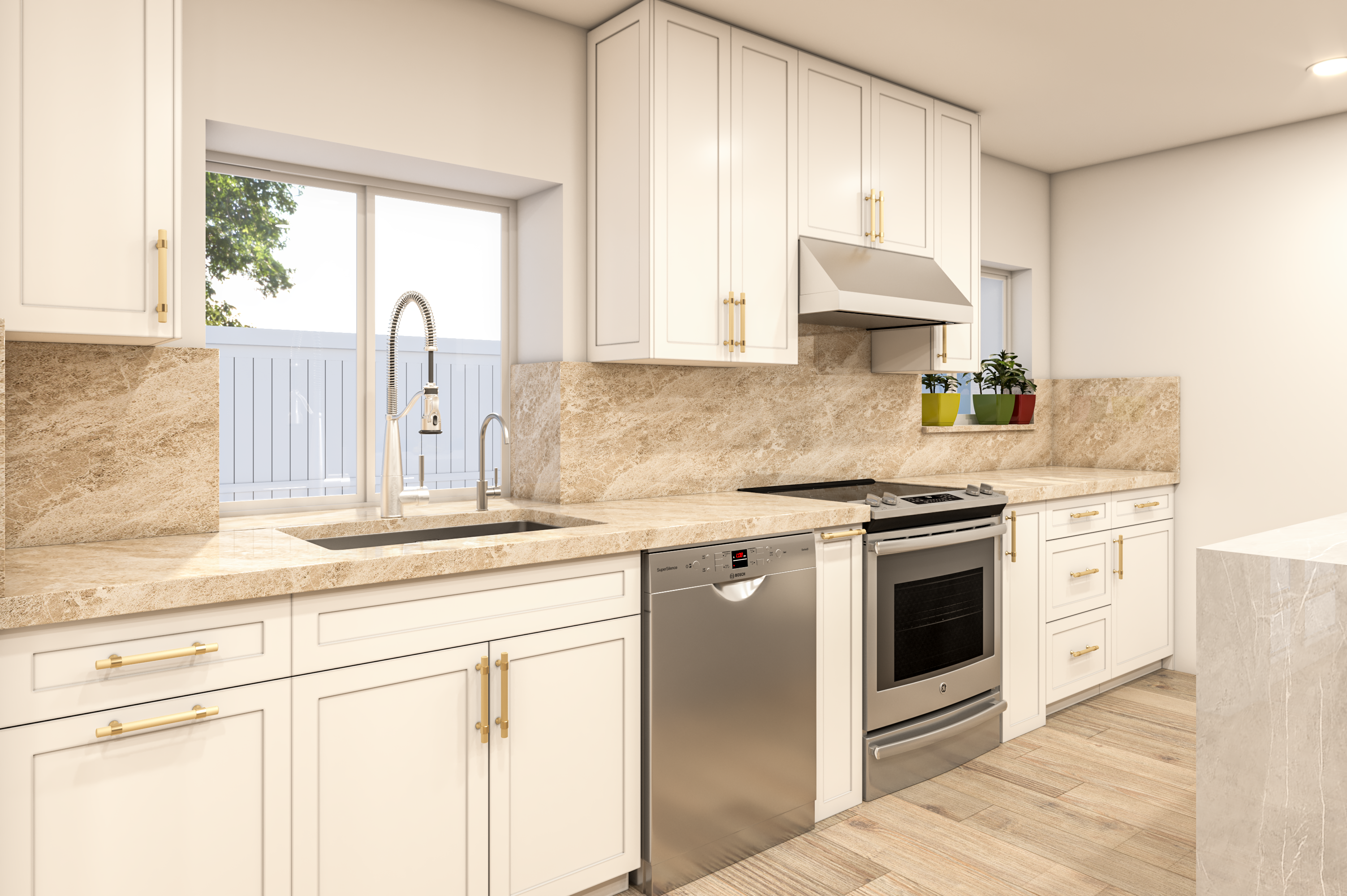 Angled finished rendering of white cabinets and stone counters