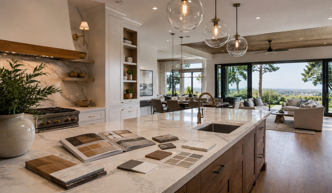 Kitchen material samples and design album for planning a 3D home remodel