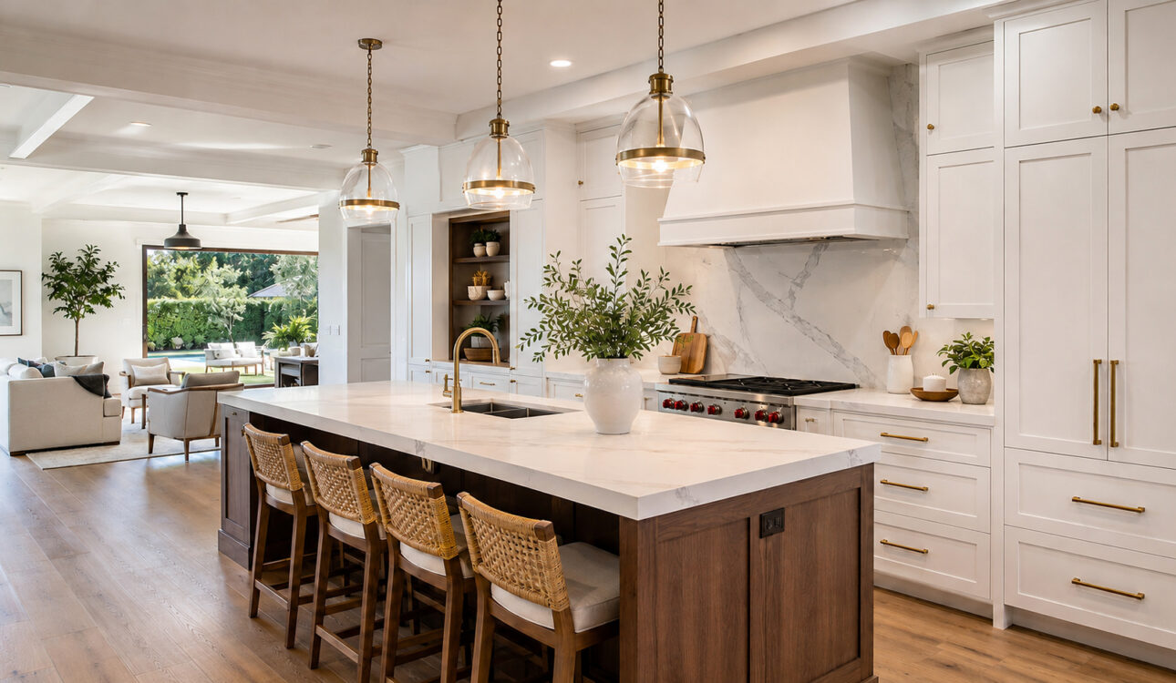 Bright functional kitchen remodel with white cabinetry and wood island