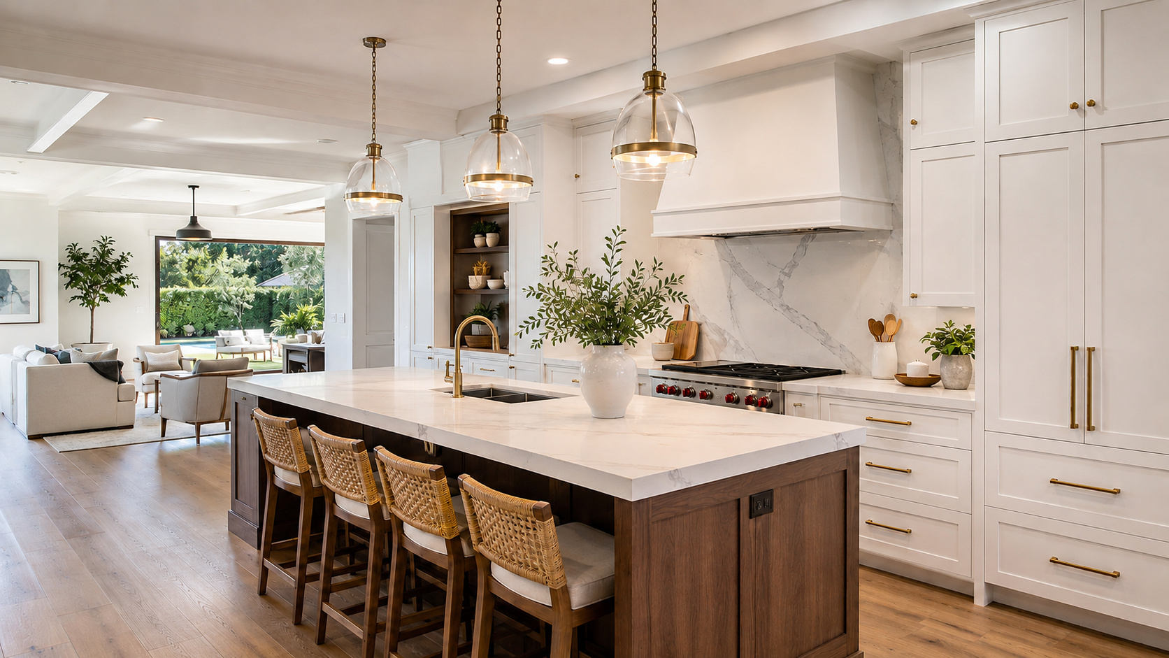 Bright functional kitchen remodel with white cabinetry and wood island