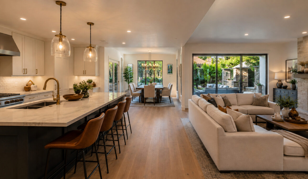 Completed open-plan kitchen and living area after remodeling consultation and design
