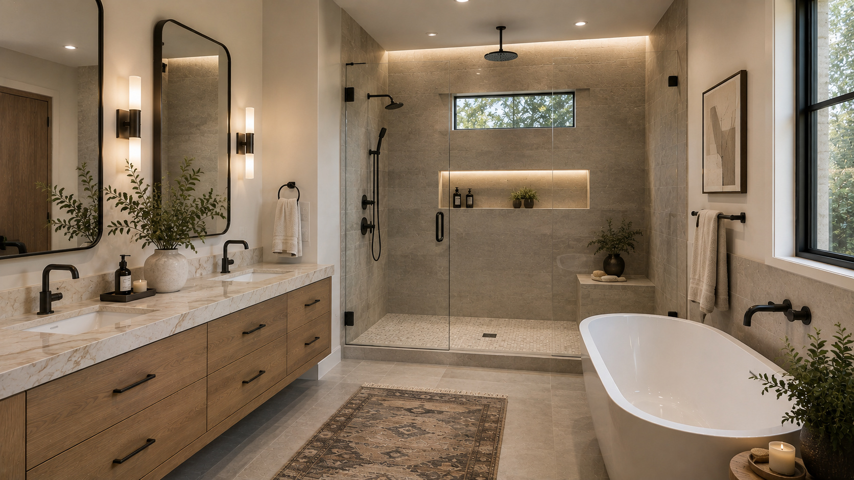 Completed modern bathroom with freestanding bathtub and glass shower