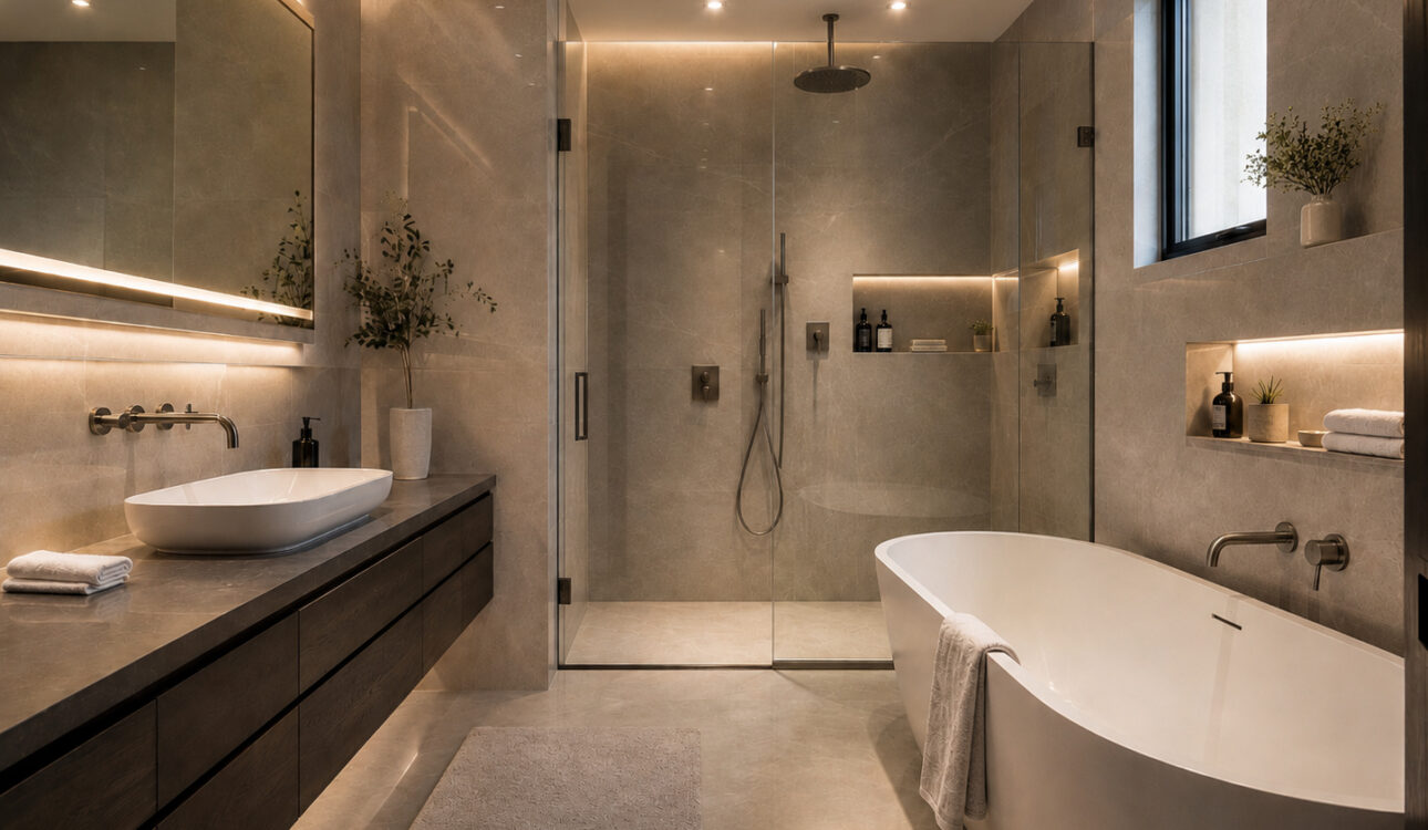Modern Irvine bathroom remodel with wood vanity and glass shower