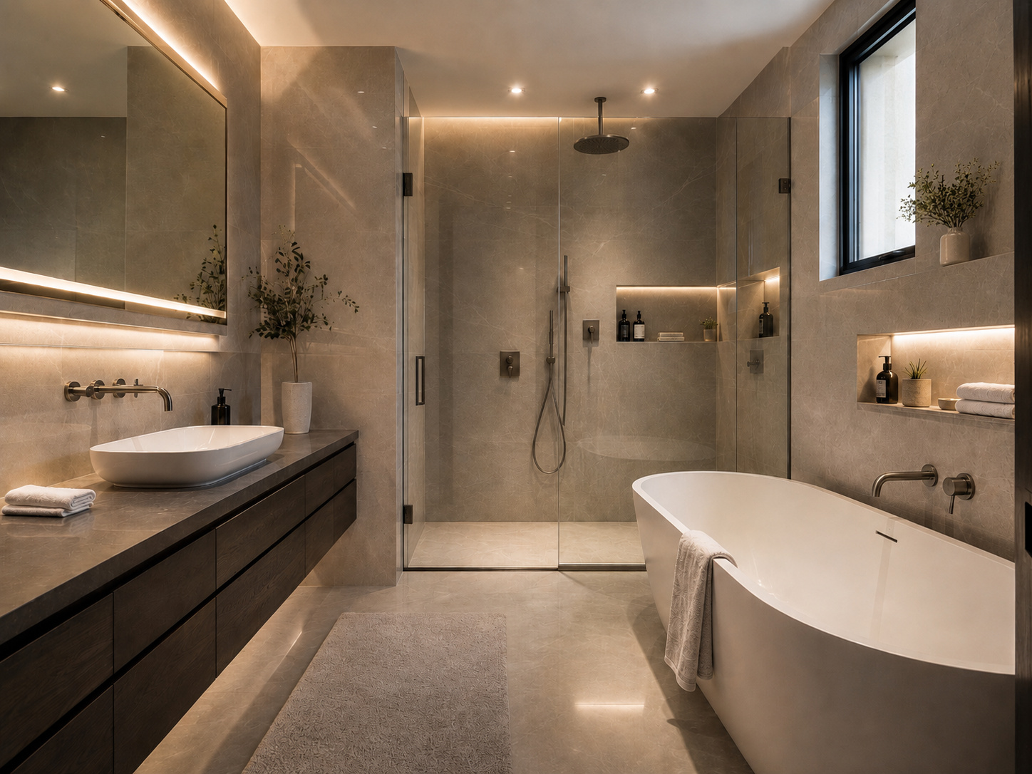 Modern Irvine bathroom remodel with wood vanity and glass shower