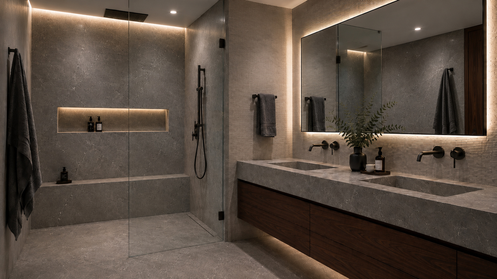 Dark luxury bathroom illustrating remodeling scope and budget planning