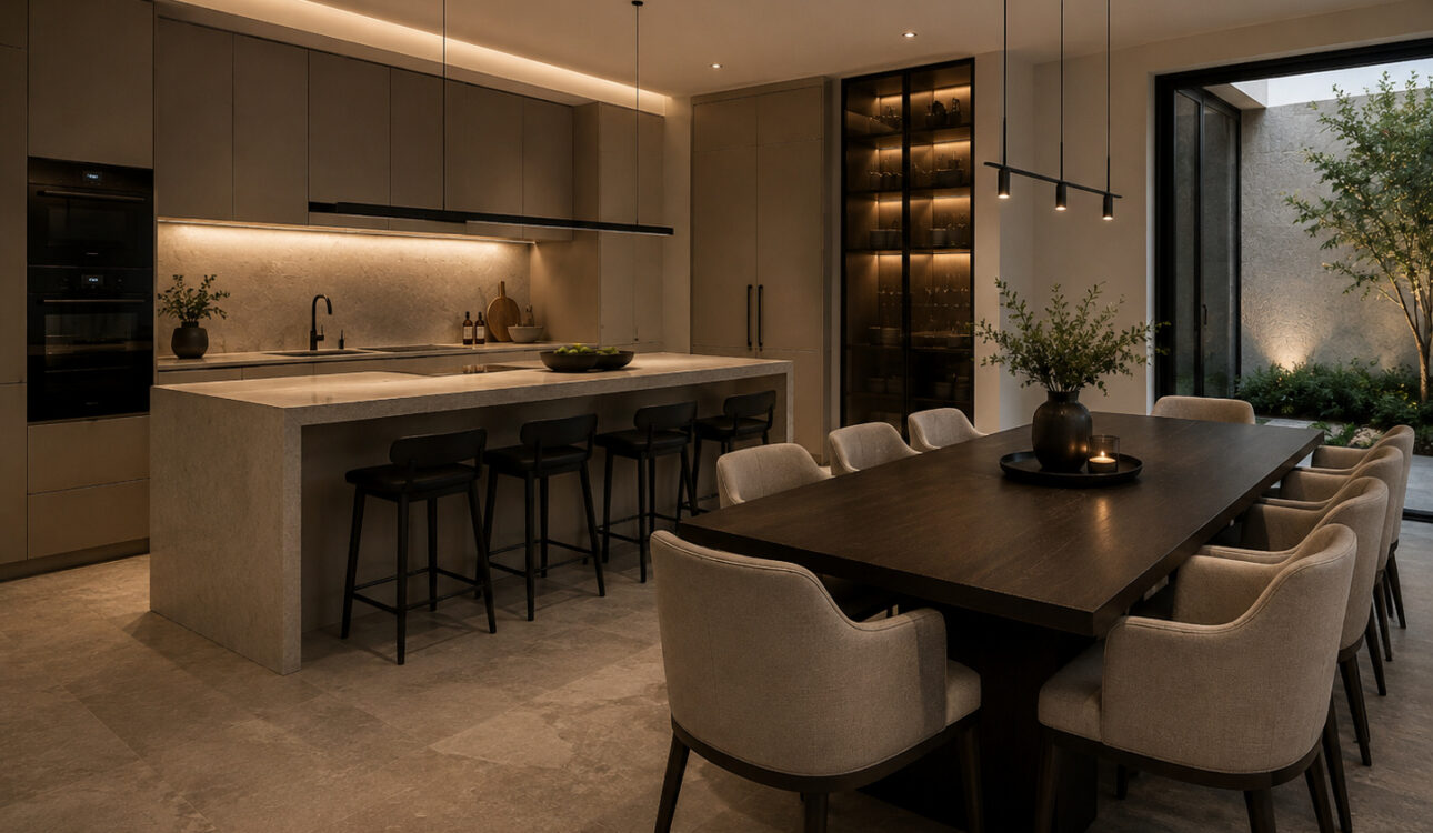 Modern Irvine kitchen remodel with wood cabinetry and large stone island
