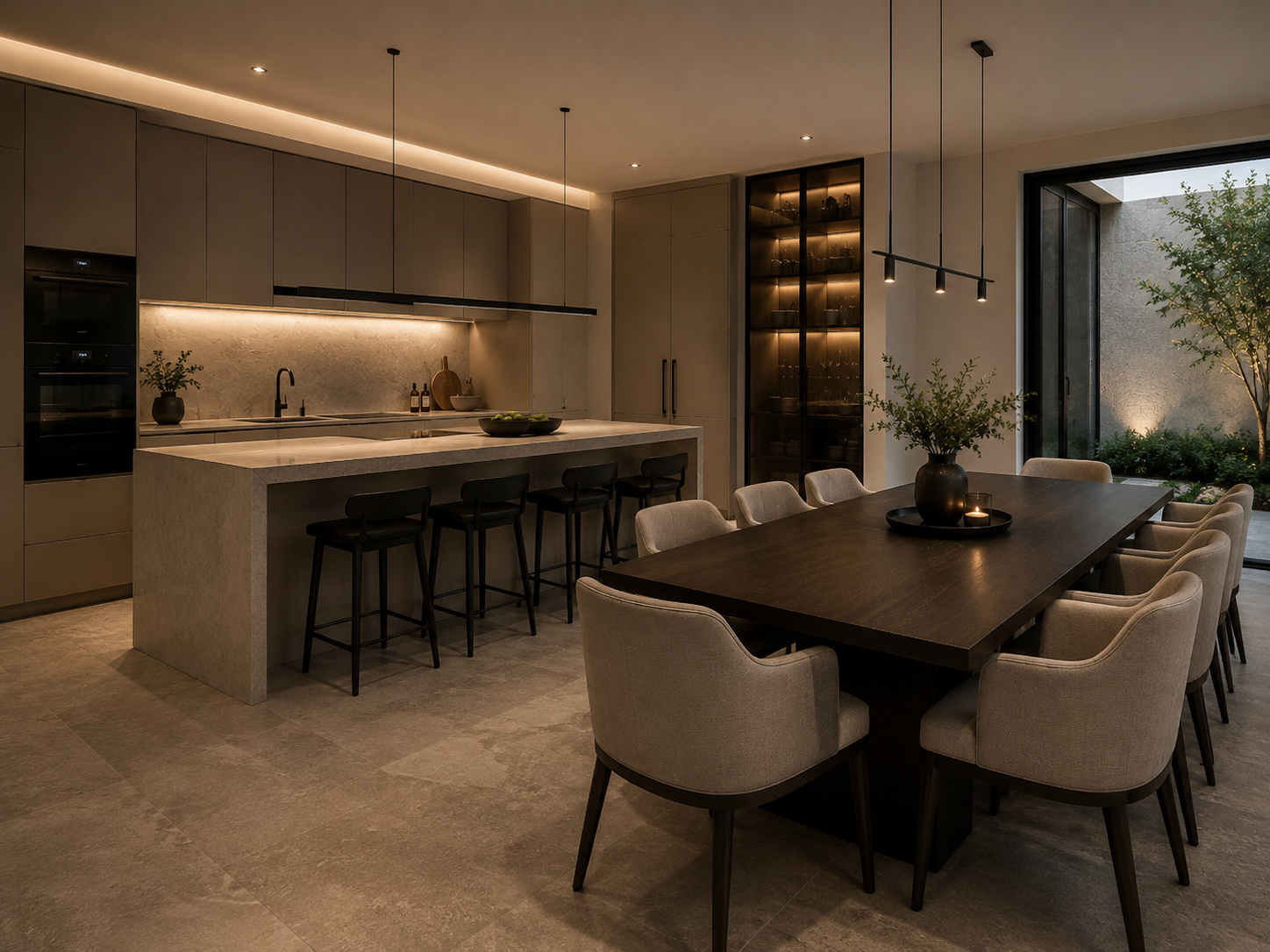 Modern Irvine kitchen remodel with wood cabinetry and large stone island