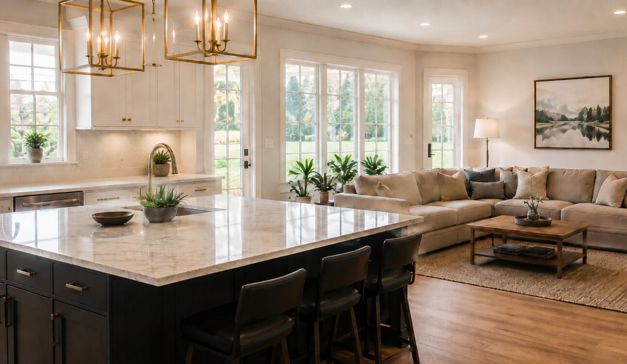 Completed open-plan kitchen and living area by an Orange County remodeling contractor