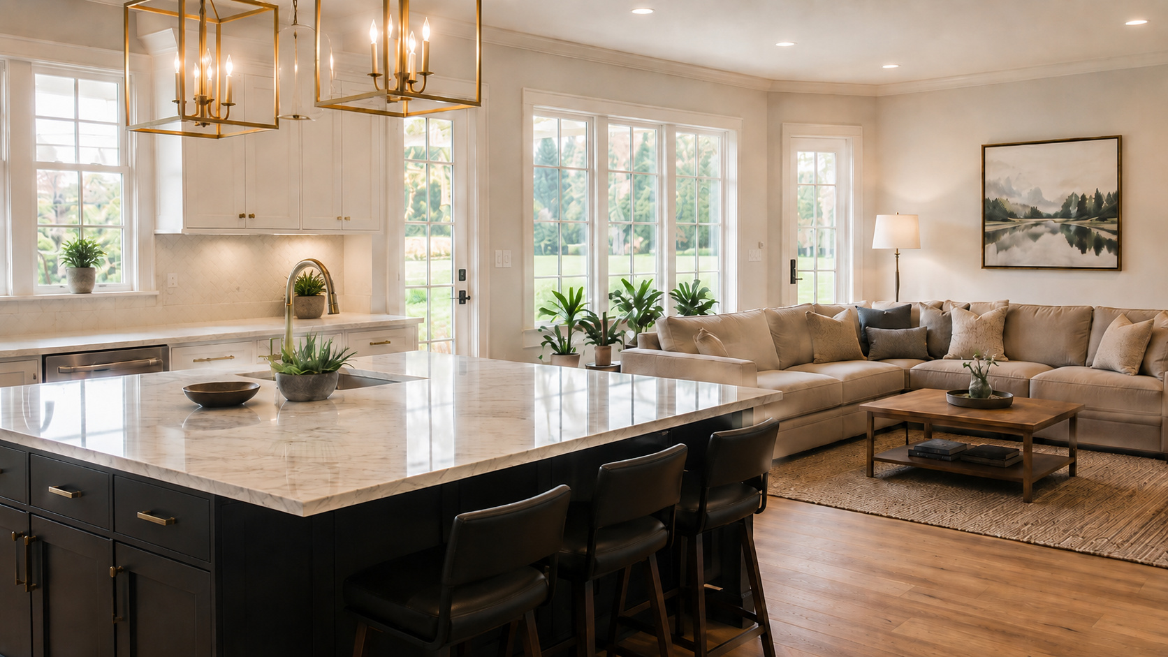 Completed open-plan kitchen and living area by an Orange County remodeling contractor