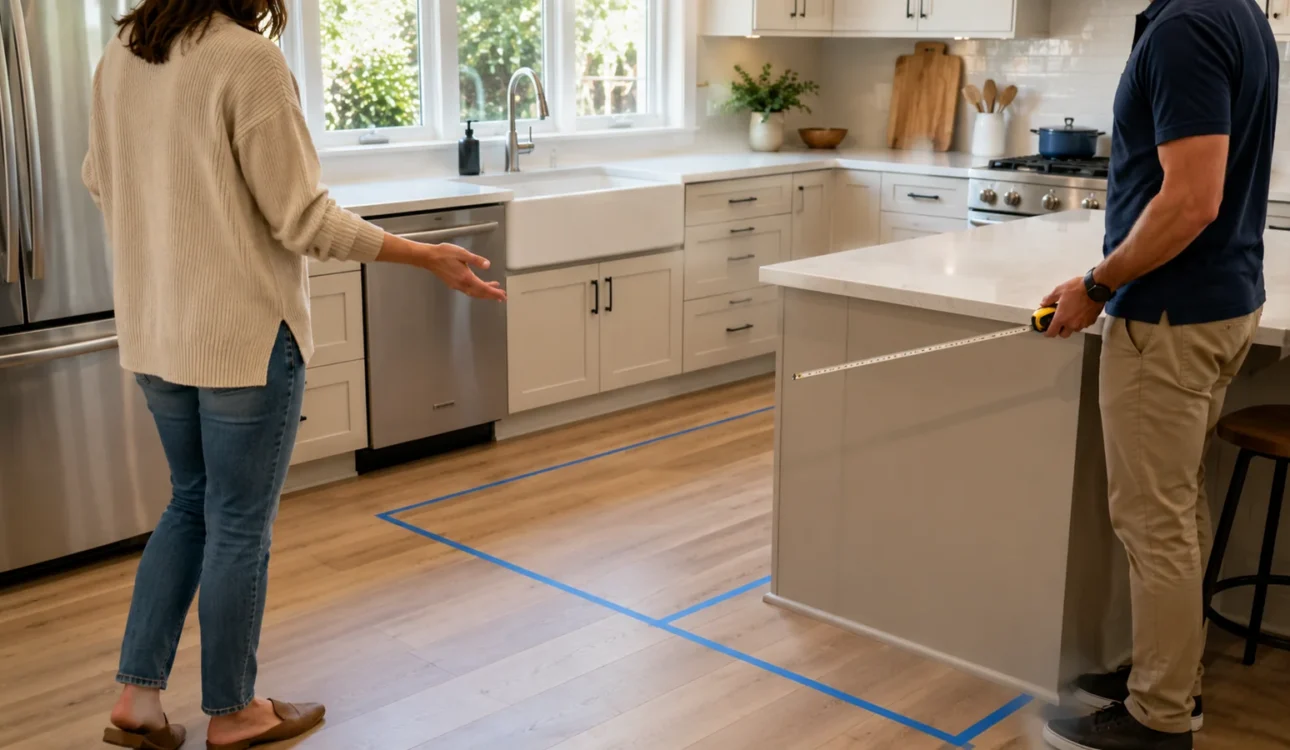 Homeowner and remodeling contractor measuring a kitchen island layout in Orange County