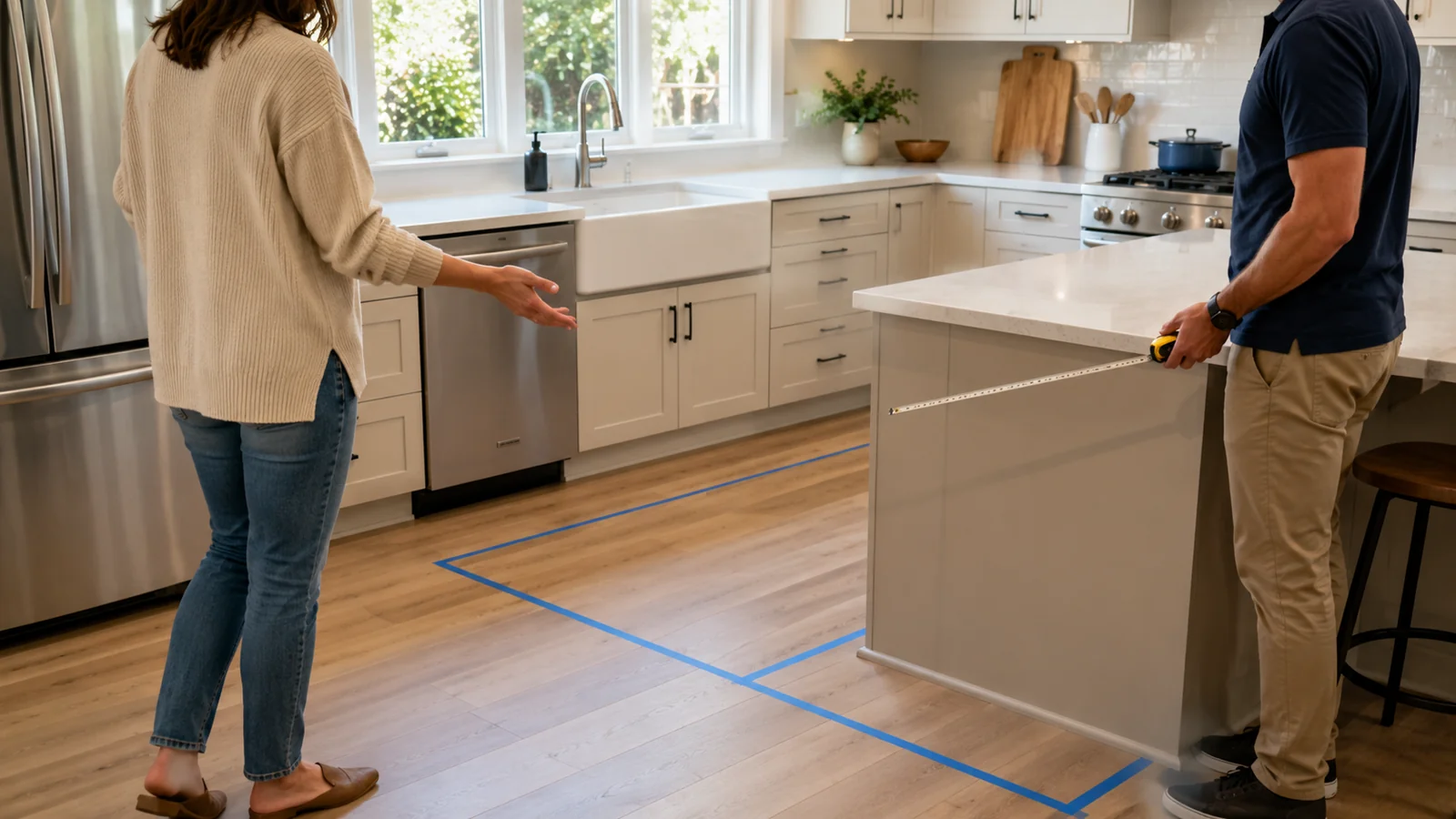 Homeowner and remodeling contractor measuring a kitchen island layout in Orange County