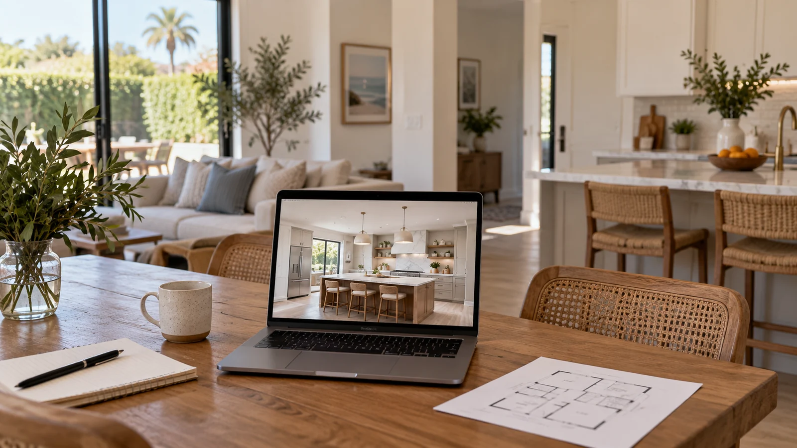 Laptop with a kitchen design and floor plan on a dining table