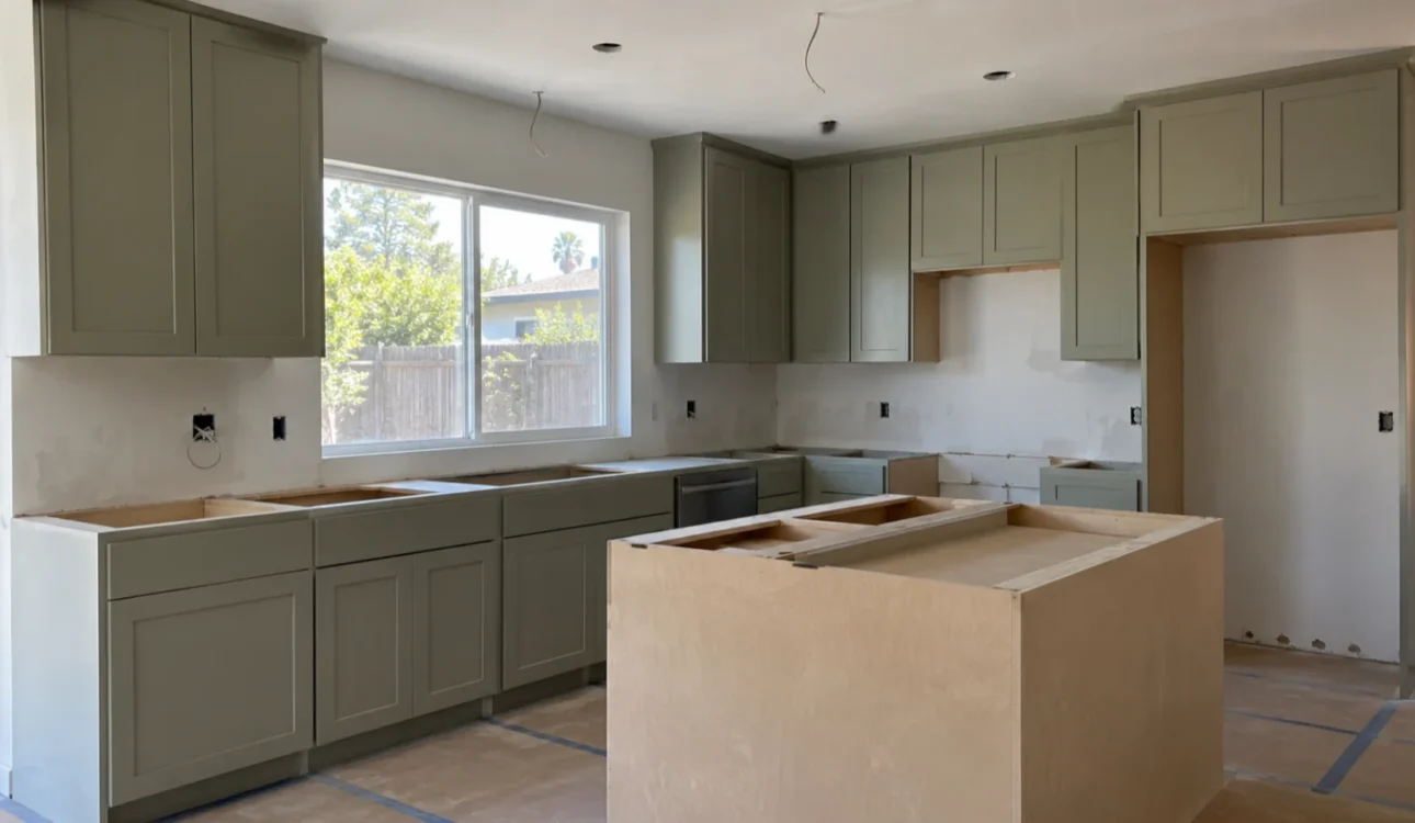 Orange County kitchen remodel during cabinet installation