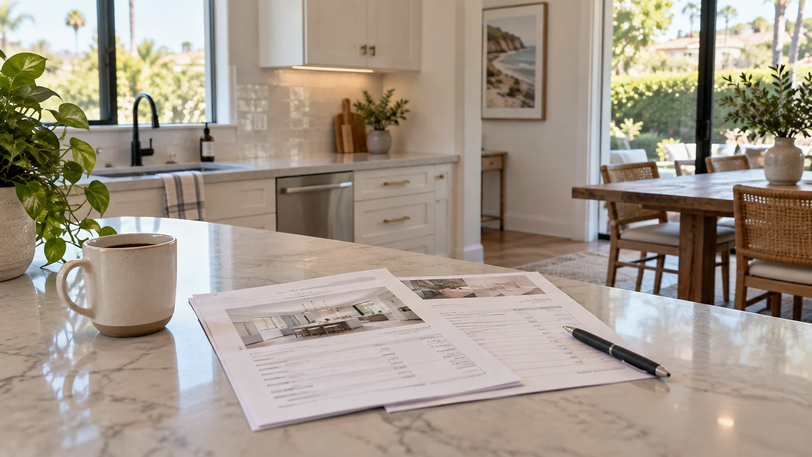 Remodeling estimate documents arranged on a kitchen island