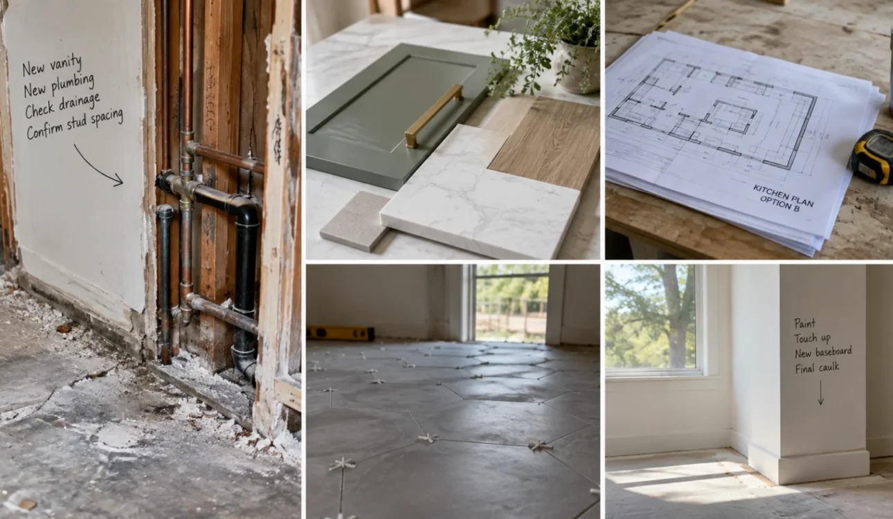 Collage of remodeling planning, construction details and finish selections