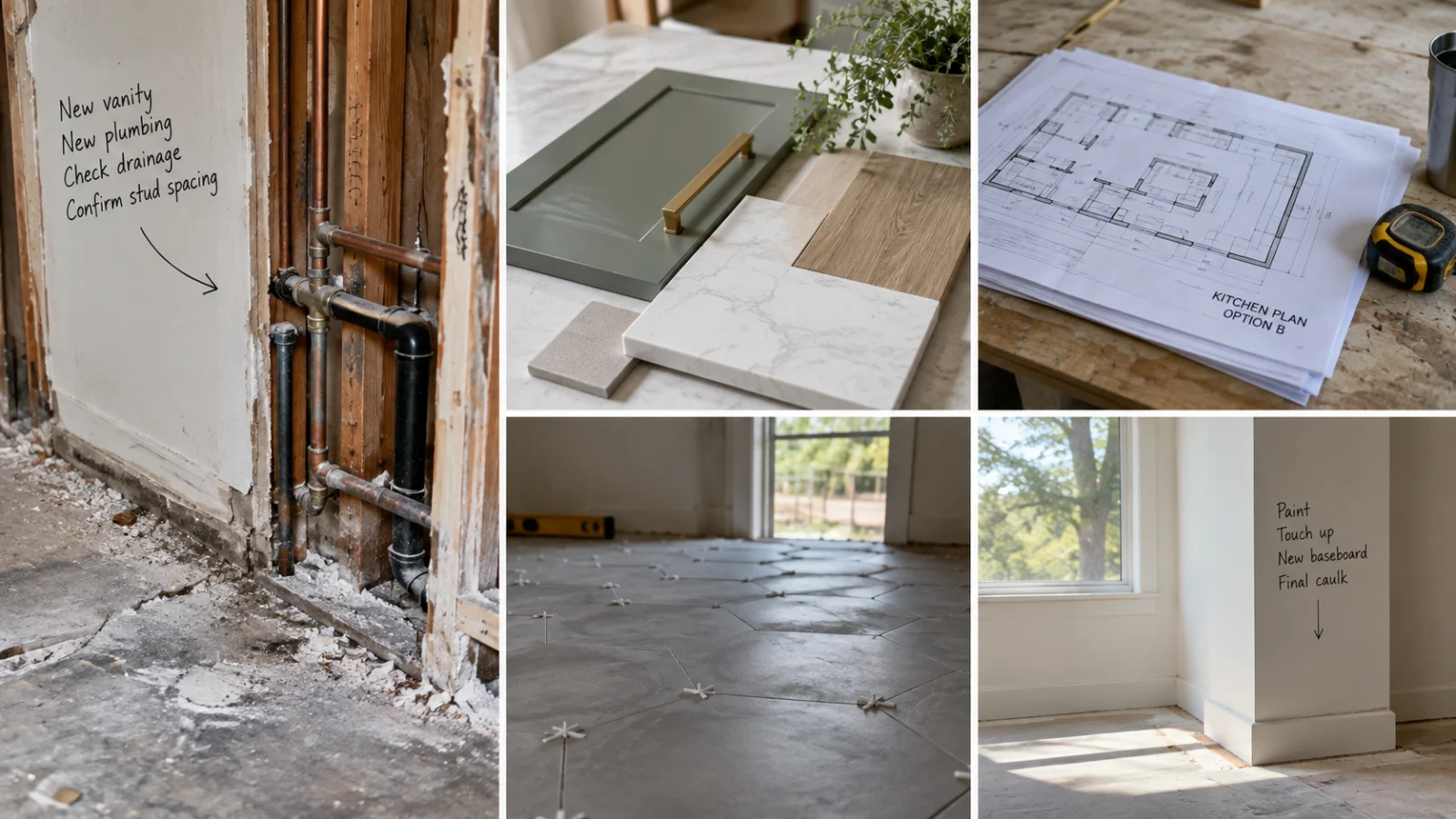 Collage of remodeling planning, construction details and finish selections